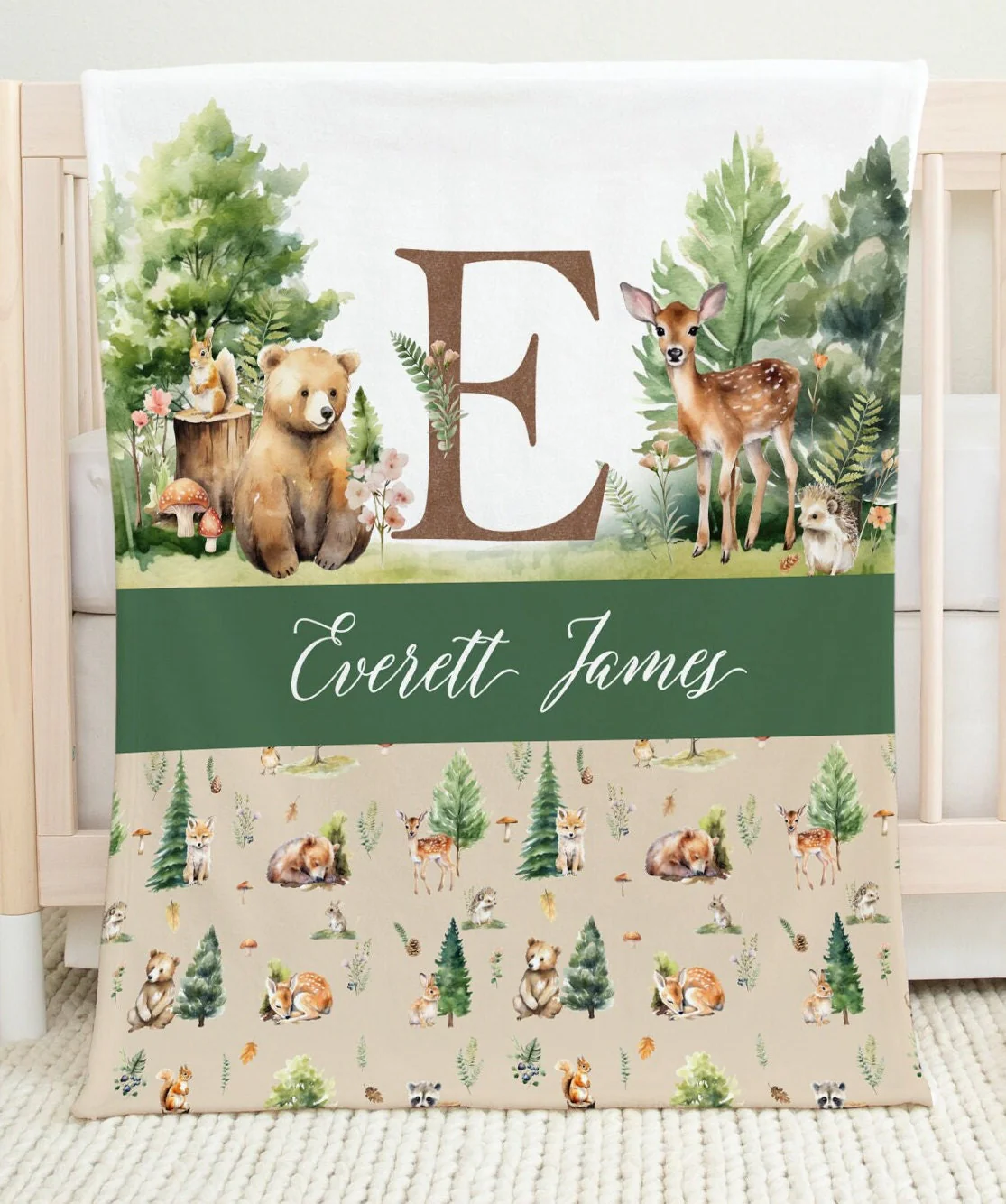 Beige Woodland Personalized Blanket For Boy