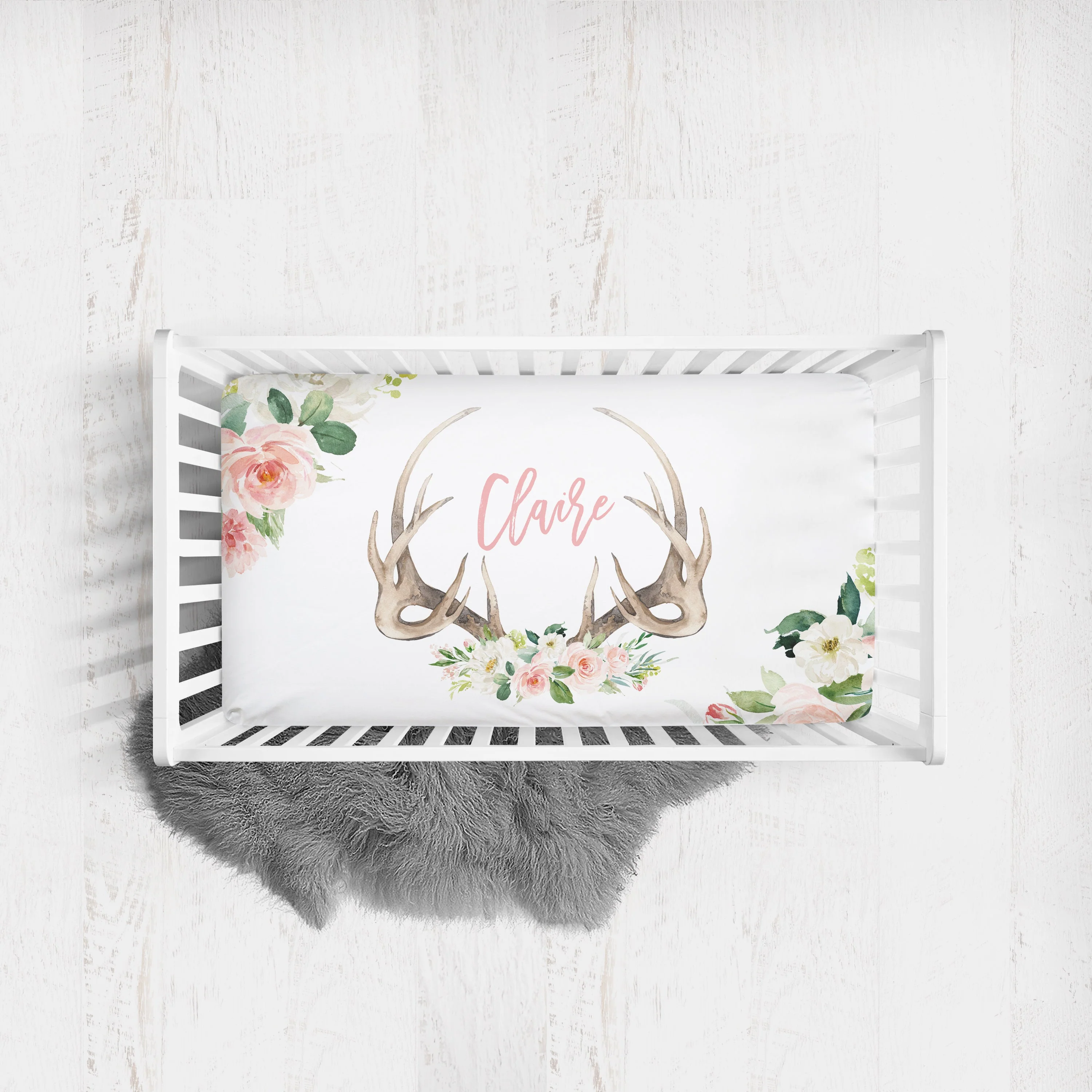 Blush Florals with Antlers Personalized Crib Sheet for Girl
