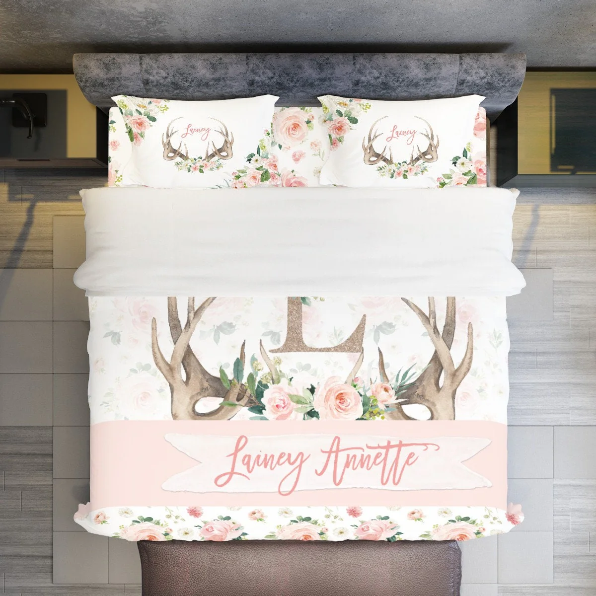 Blush Florals with Antlers Personalized Duvet Cover Set for Girl - Image 2