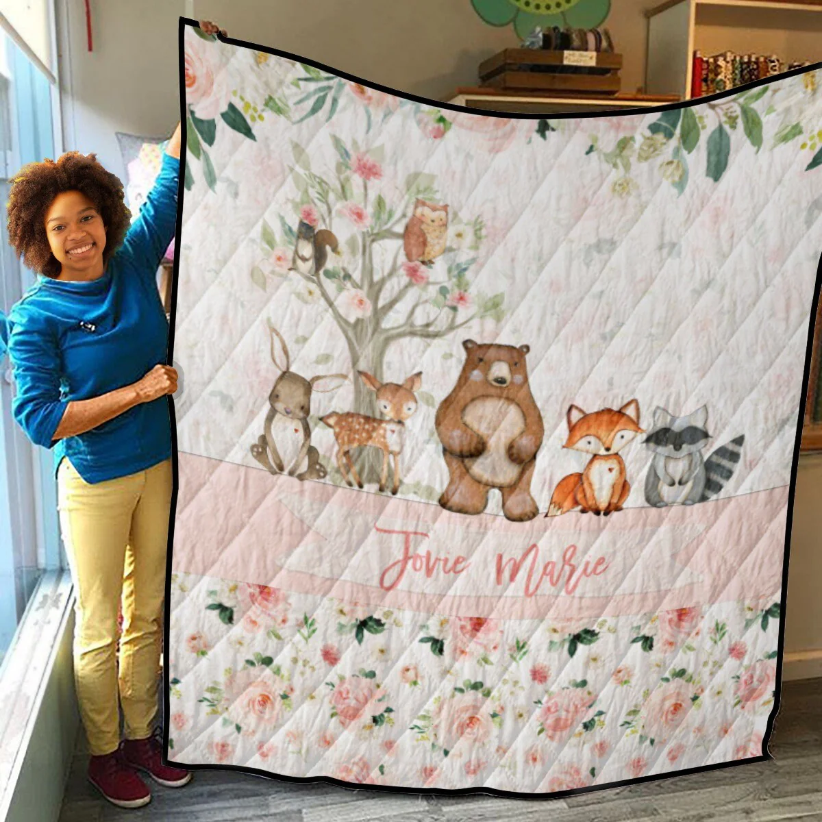 Blush Florals with Bear and Friends Personalized Quilted Bedspread Set - Image 2