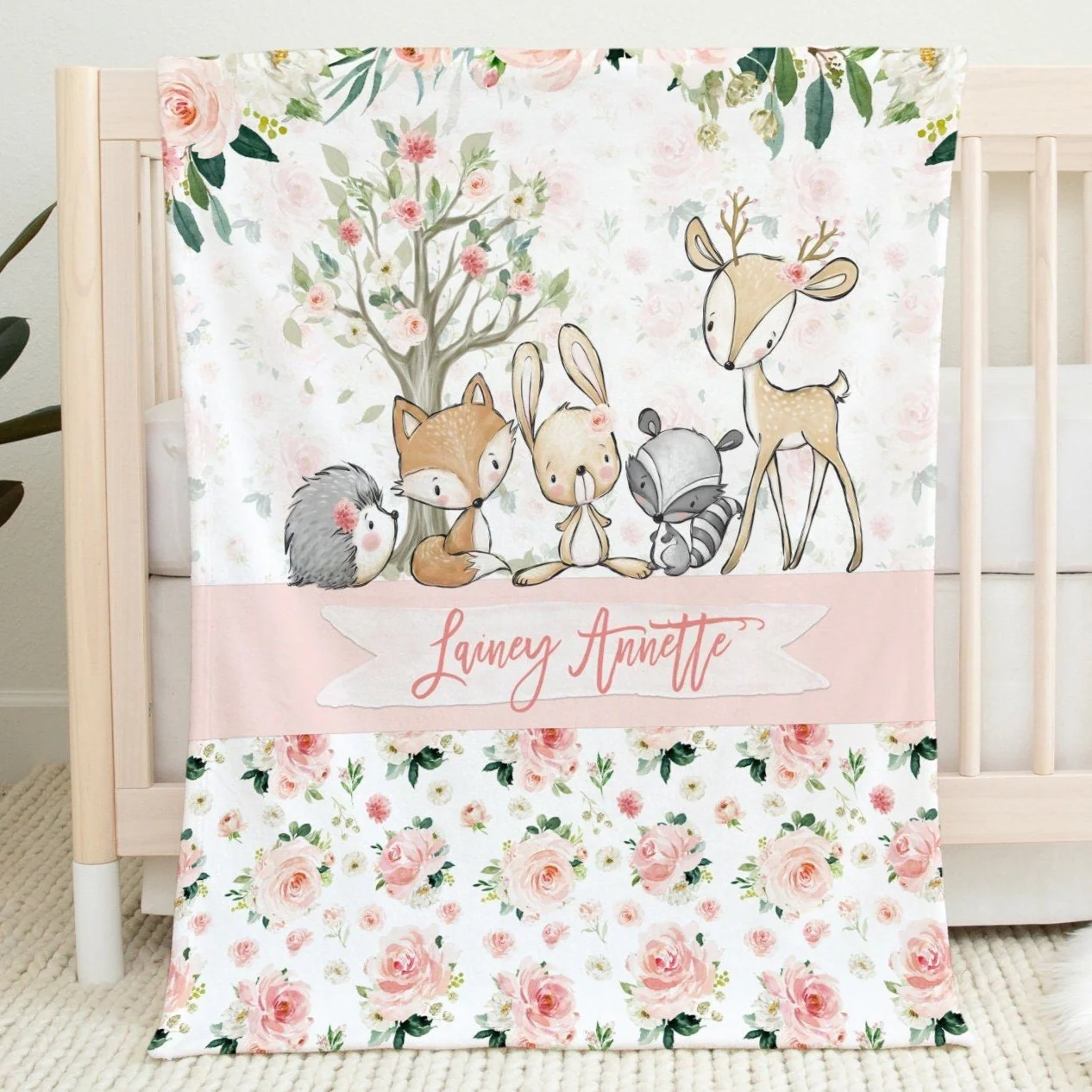 Blush Florals with Deer and Friends Personalized Blanket for Girl