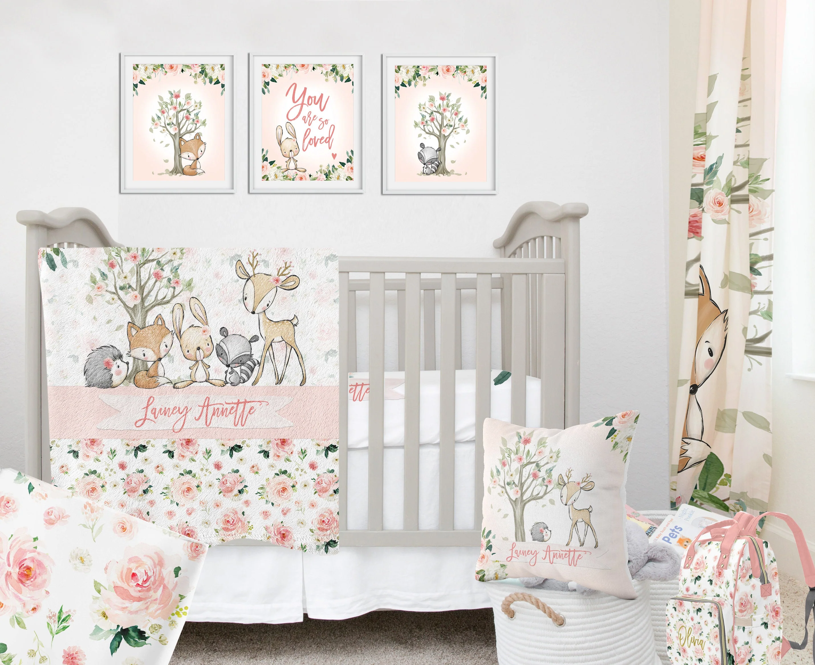 Blush Florals with Deer and Friends Personalized Blanket for Girl - Image 3