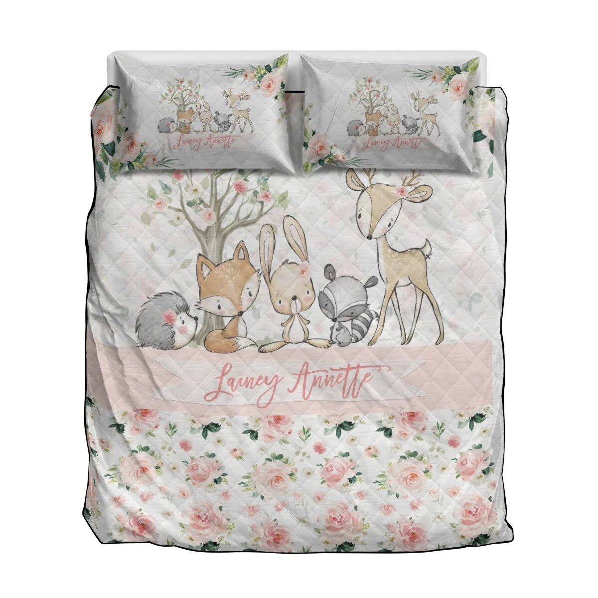 Blush Florals with Deer and Friends Personalized Quilted Bedspread Set - Image 2