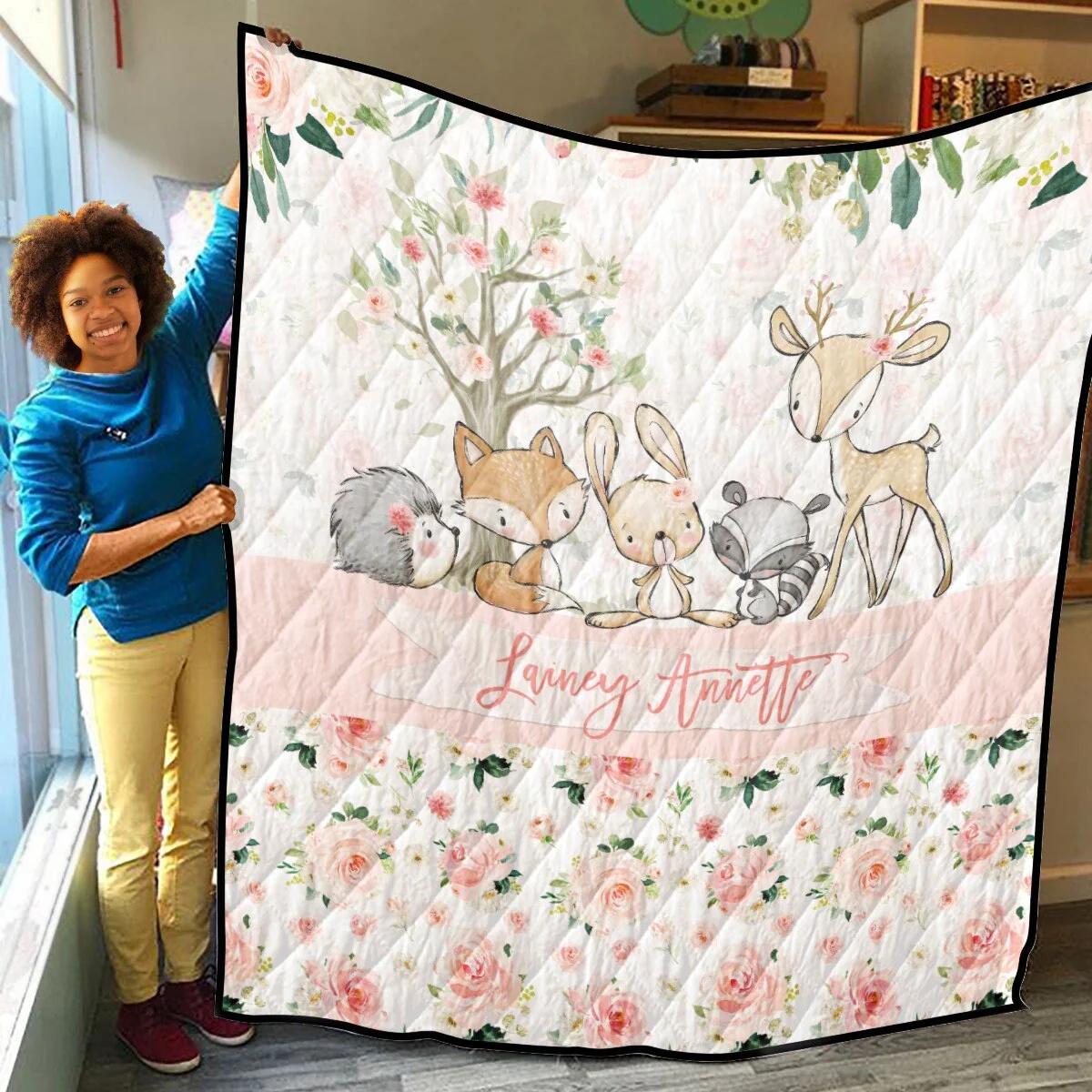 Blush Florals with Deer and Friends Personalized Quilted Bedspread Set - Image 4