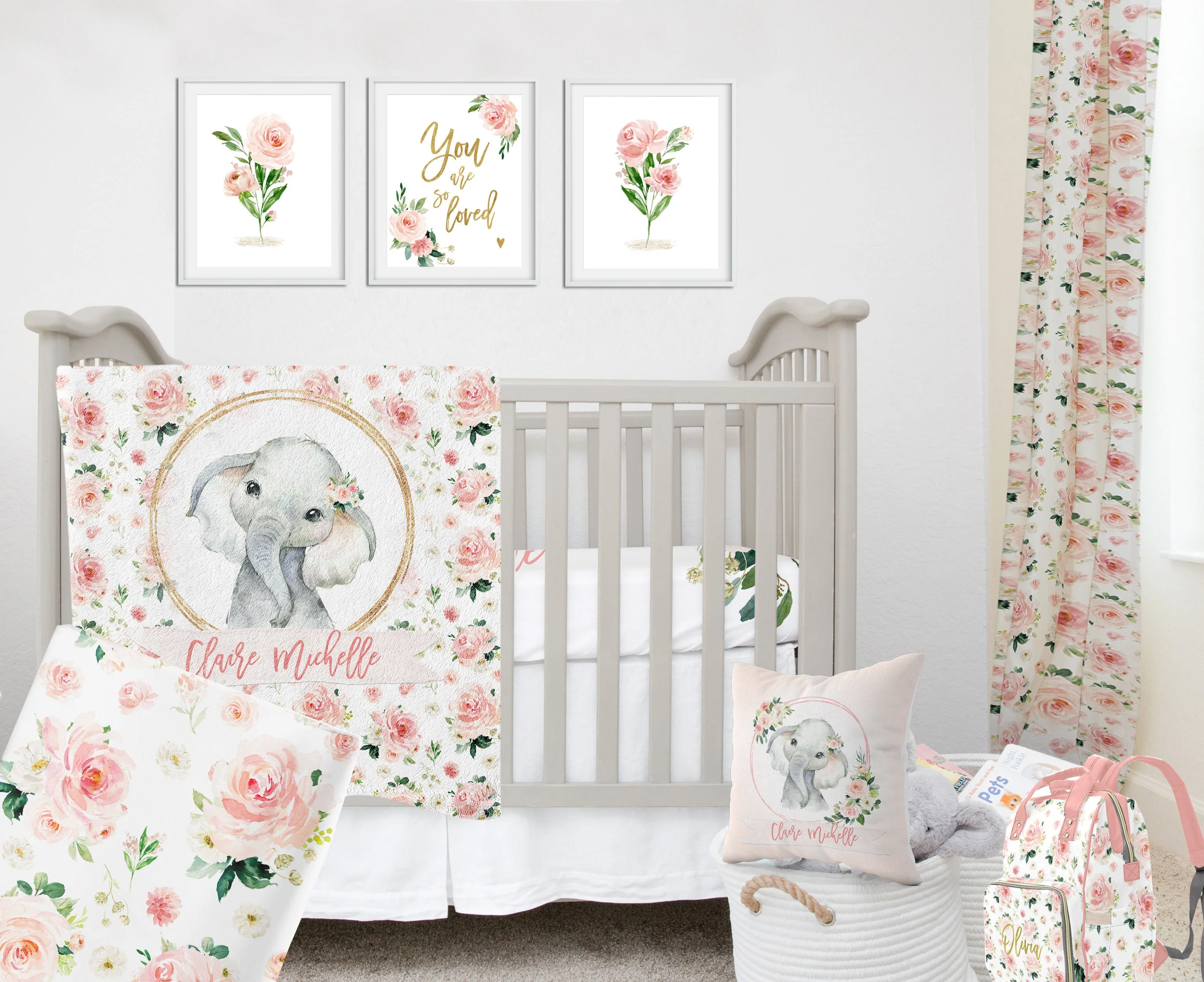 Blush Florals with Elephant in Circle Personalized Blanket for Girl - Image 2