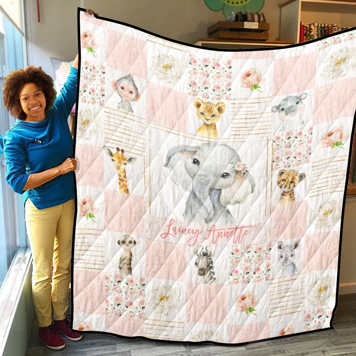 Blush Florals with Elephant Patchwork Personalized Quilted Bedspread Set - Image 3
