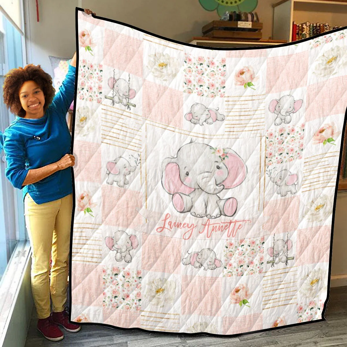 Blush Florals with Elephant Patchwork Personalized Quilted Bedspread Set - Image 3