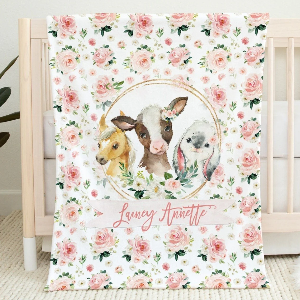 Blush Florals with Farm Animals in Circle Personalized Blanket for Girl