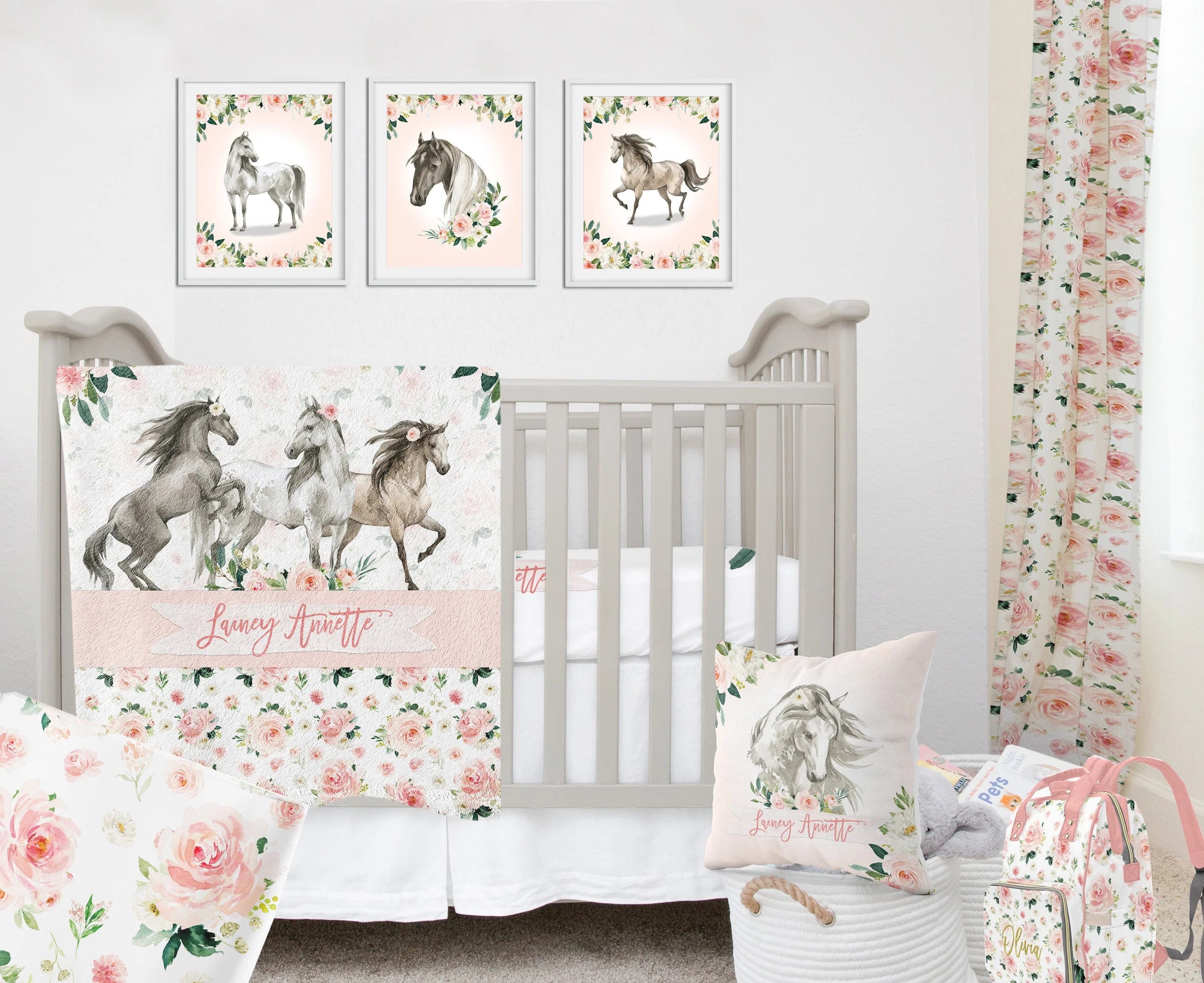 Blush Florals with Horses Personalized Blanket for Girl - Image 2