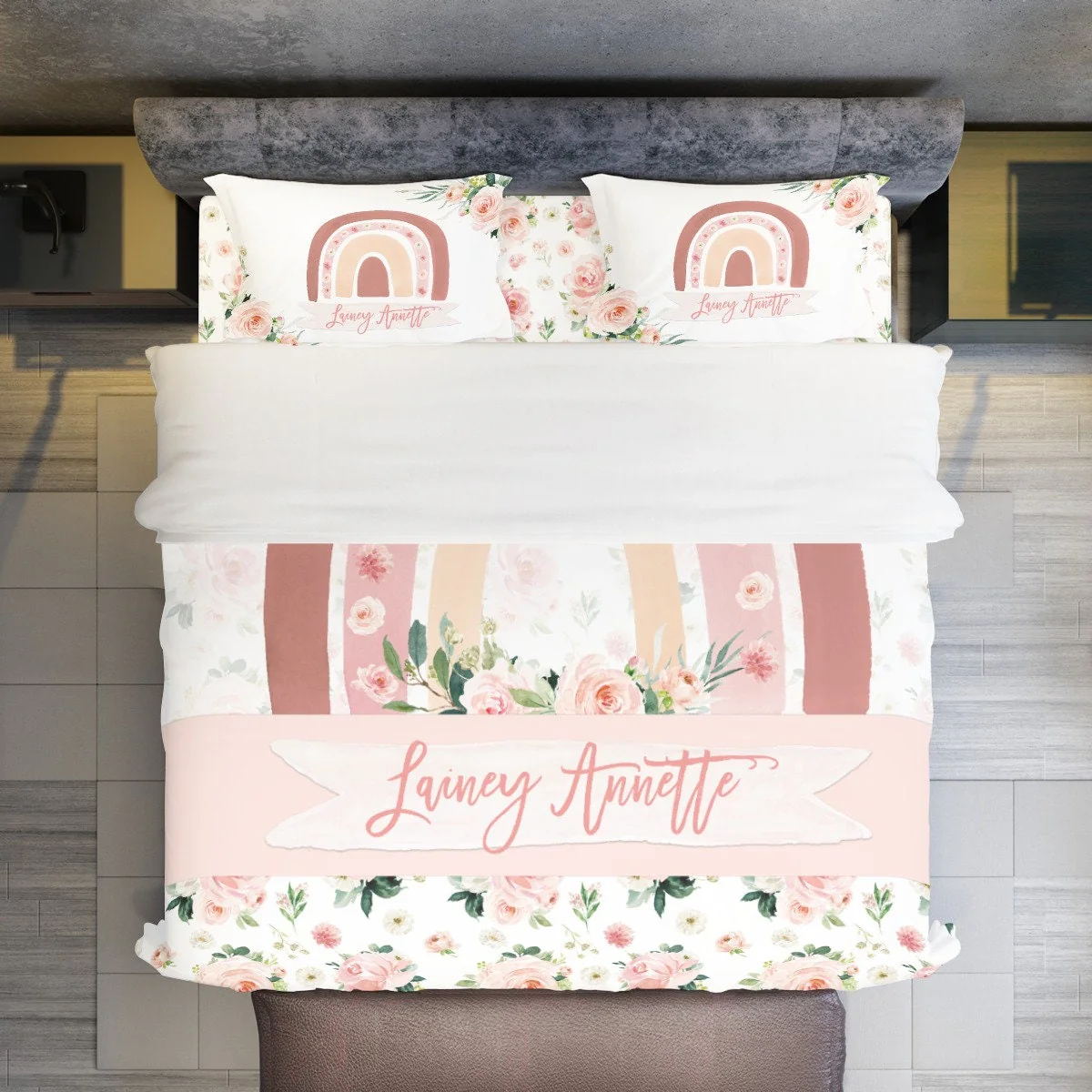 Blush Florals with Rainbow Personalized Duvet Cover Set for Girl - Image 2