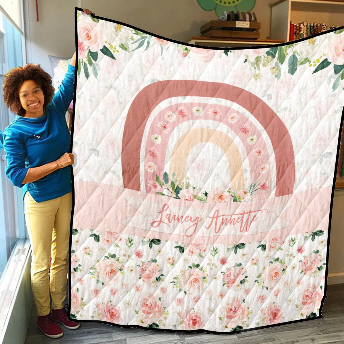 Blush Florals with Rainbow Personalized Quilted Bedspread Set - Image 3