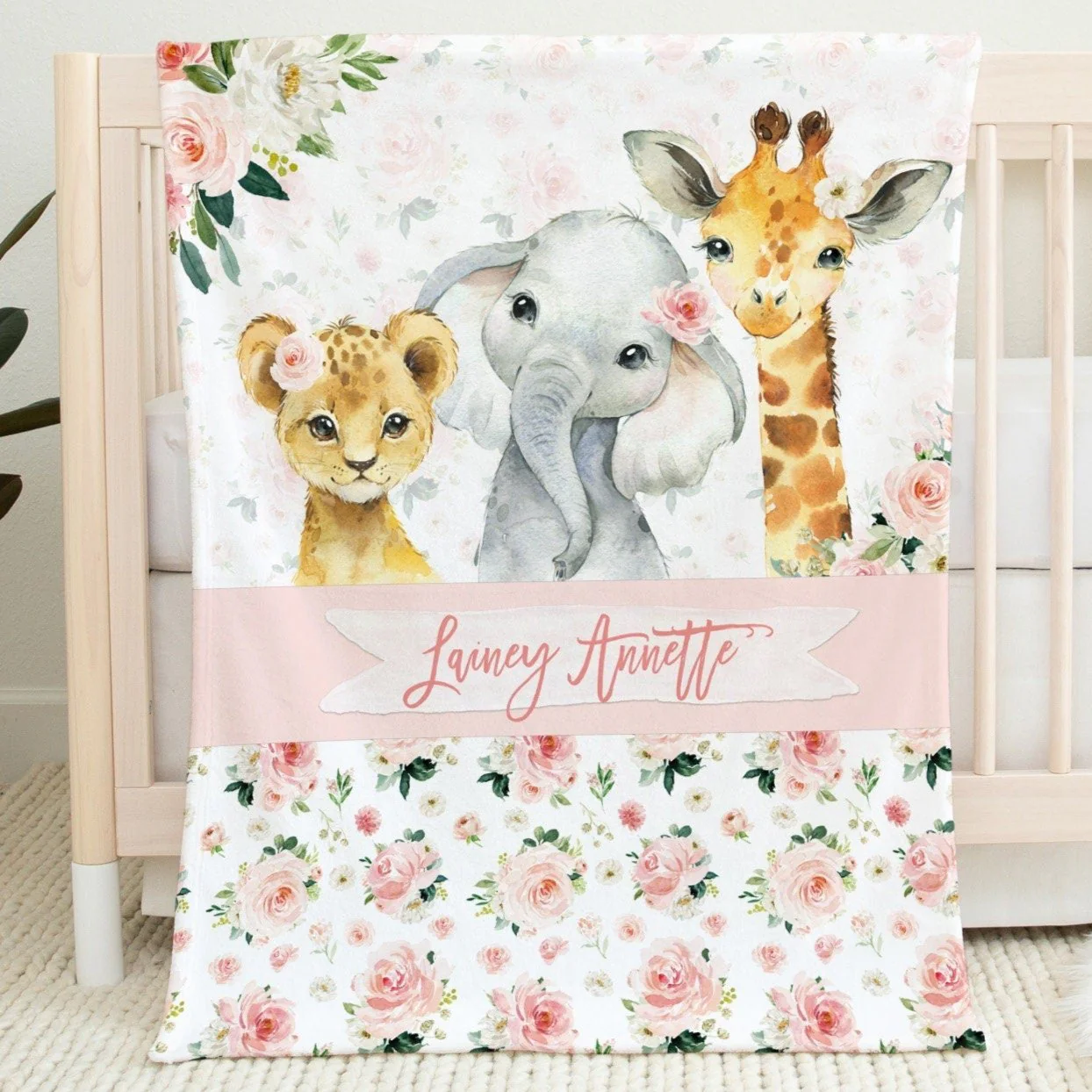 Blush Florals with Safari Animals Personalized Blanket for Girl