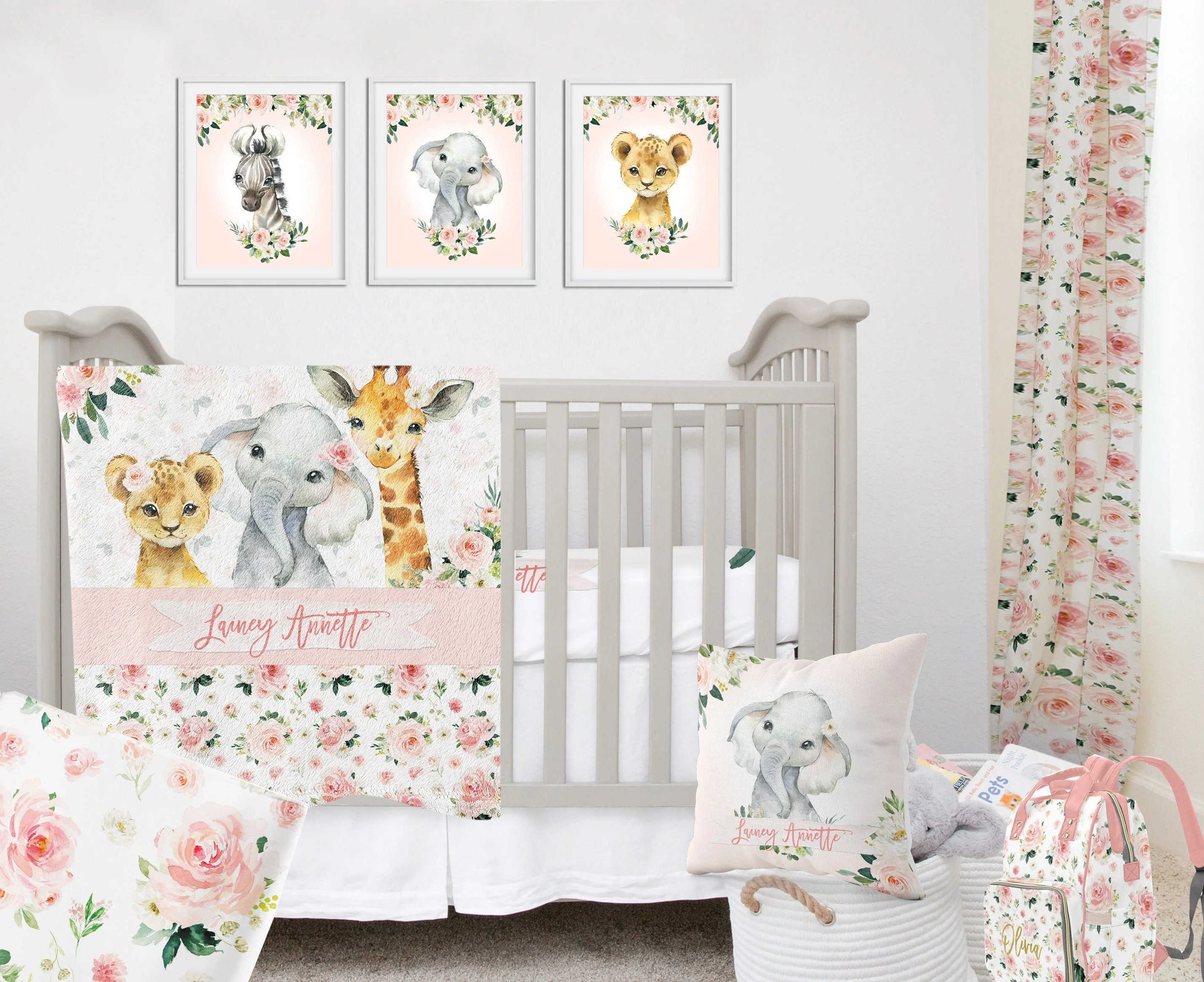 Blush Florals with Safari Animals Personalized Blanket for Girl - Image 2
