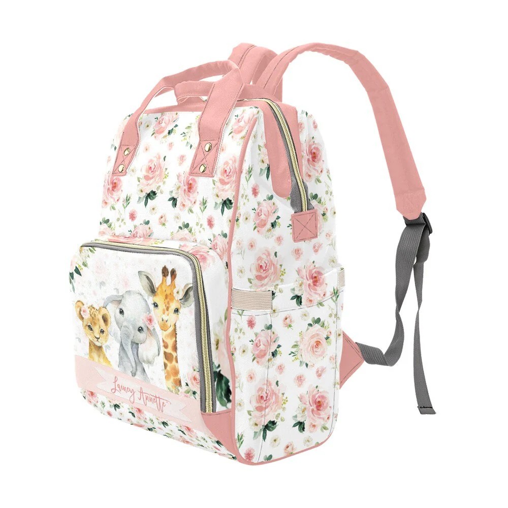 Blush Florals with Safari Animals Personalized Diaper Bag - Image 2