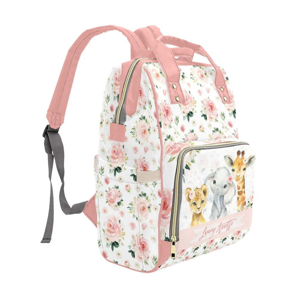 Blush Florals with Safari Animals Personalized Diaper Bag - Image 3