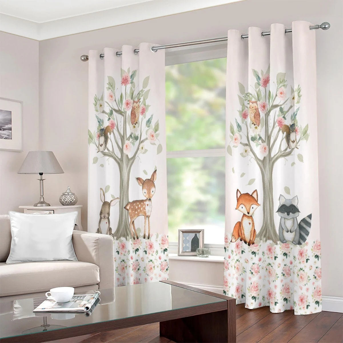 Blush Florals with Woodland Animals Blackout Curtains - Image 2