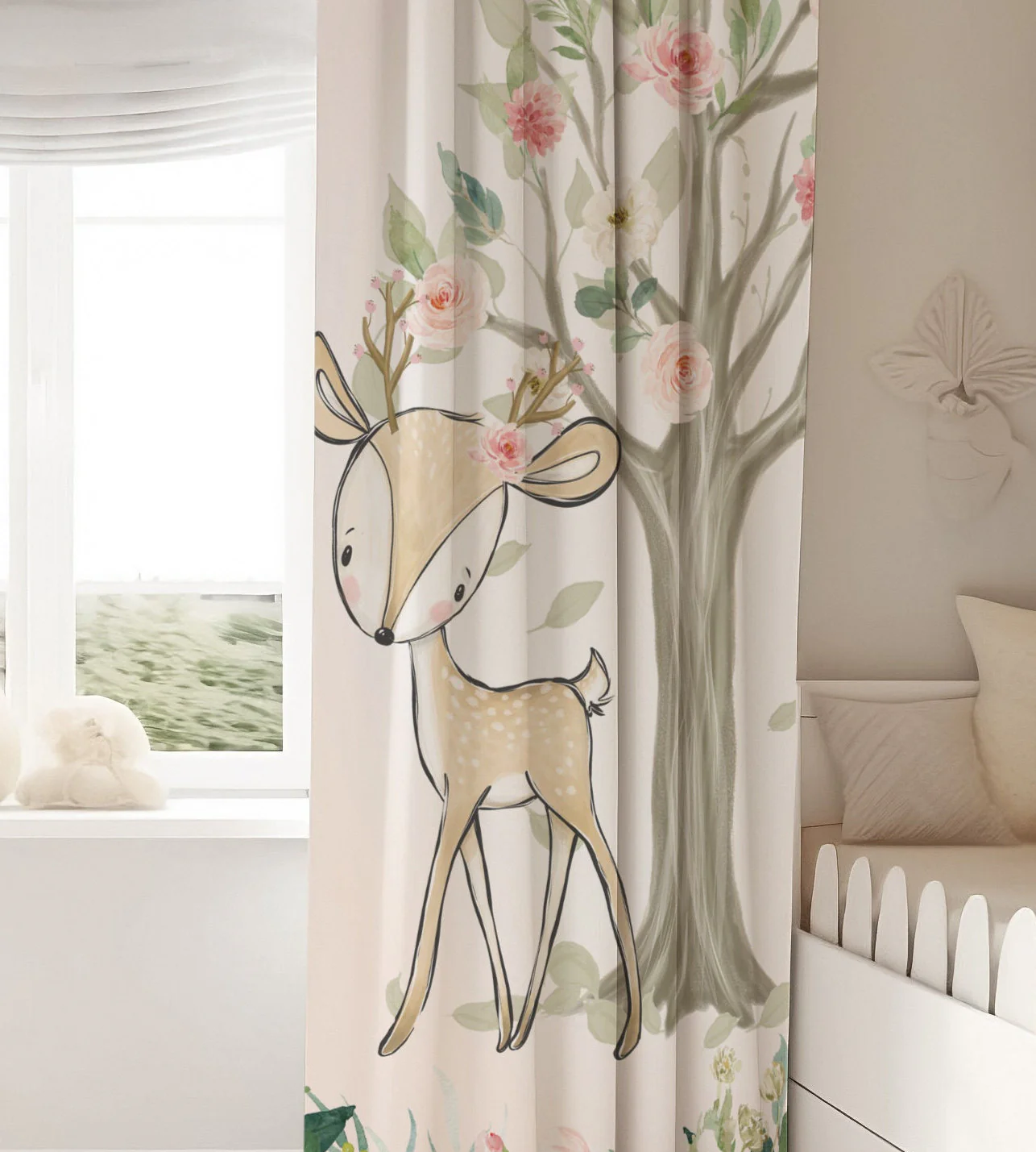 Blush Florals with Woodland Animals Blackout Curtains - Image 2