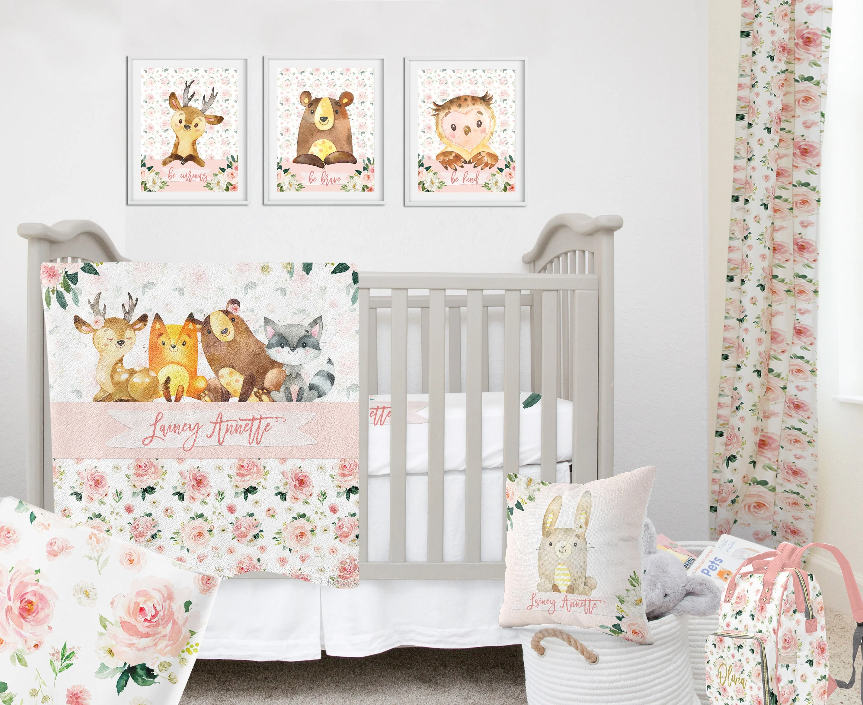 Blush Florals with Woodland Animals Personalized Blanket for Girl - Image 2