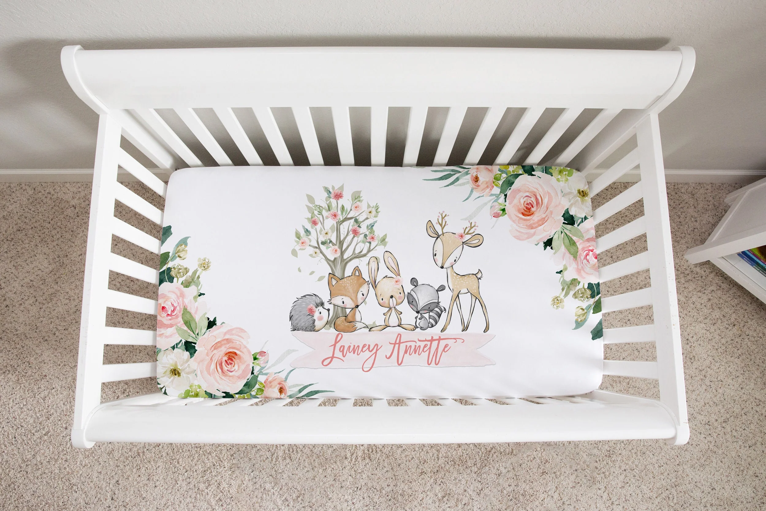 Blush Florals with Woodland Animals Personalized Crib Sheet for Girl
