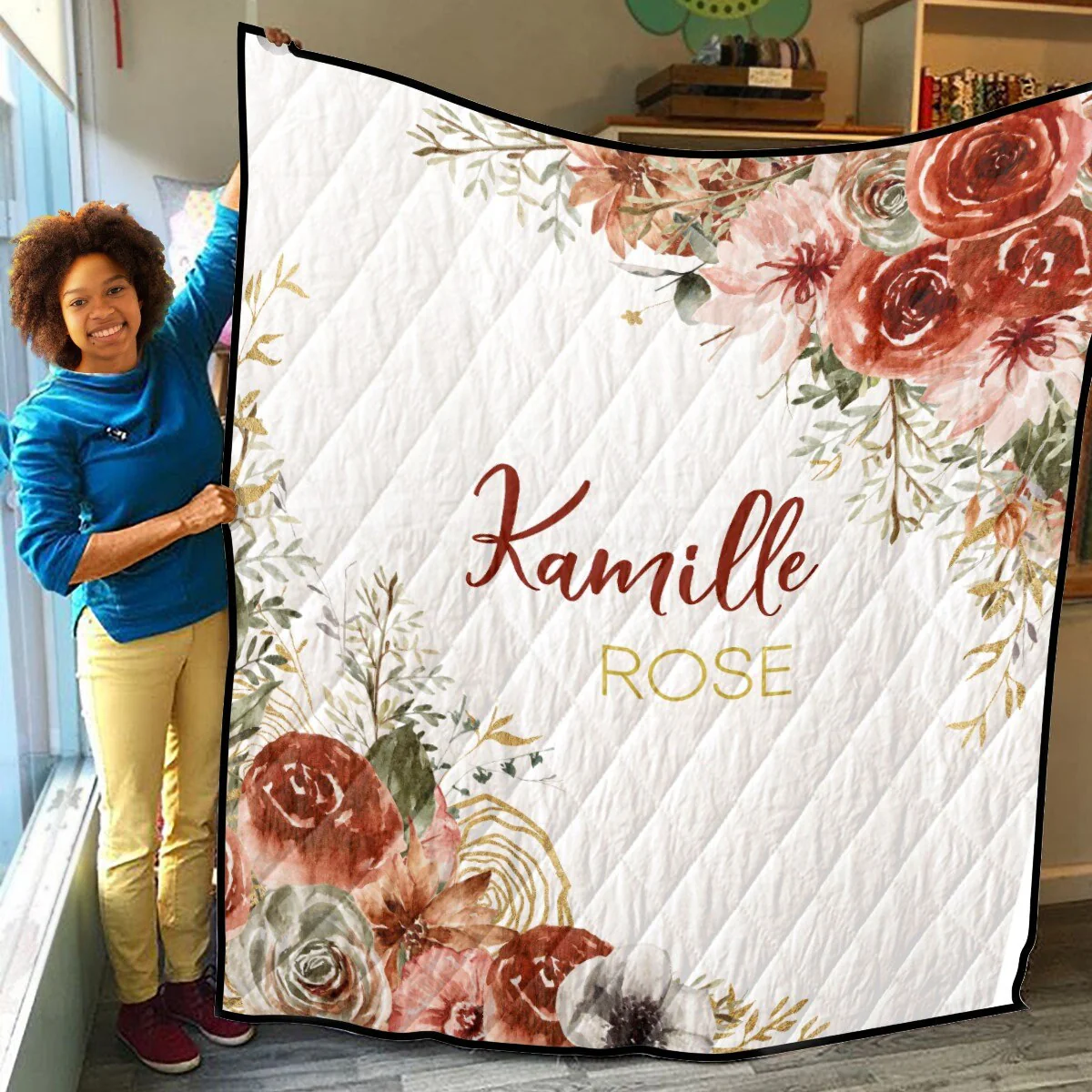 Brown Flowers Personalized Quilted Bedspread Set - Image 4
