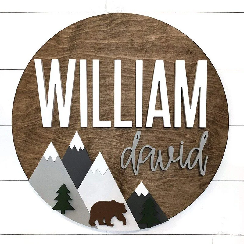 Custom Personalized Wooden Name Sign with Bear and Mountains - Image 3