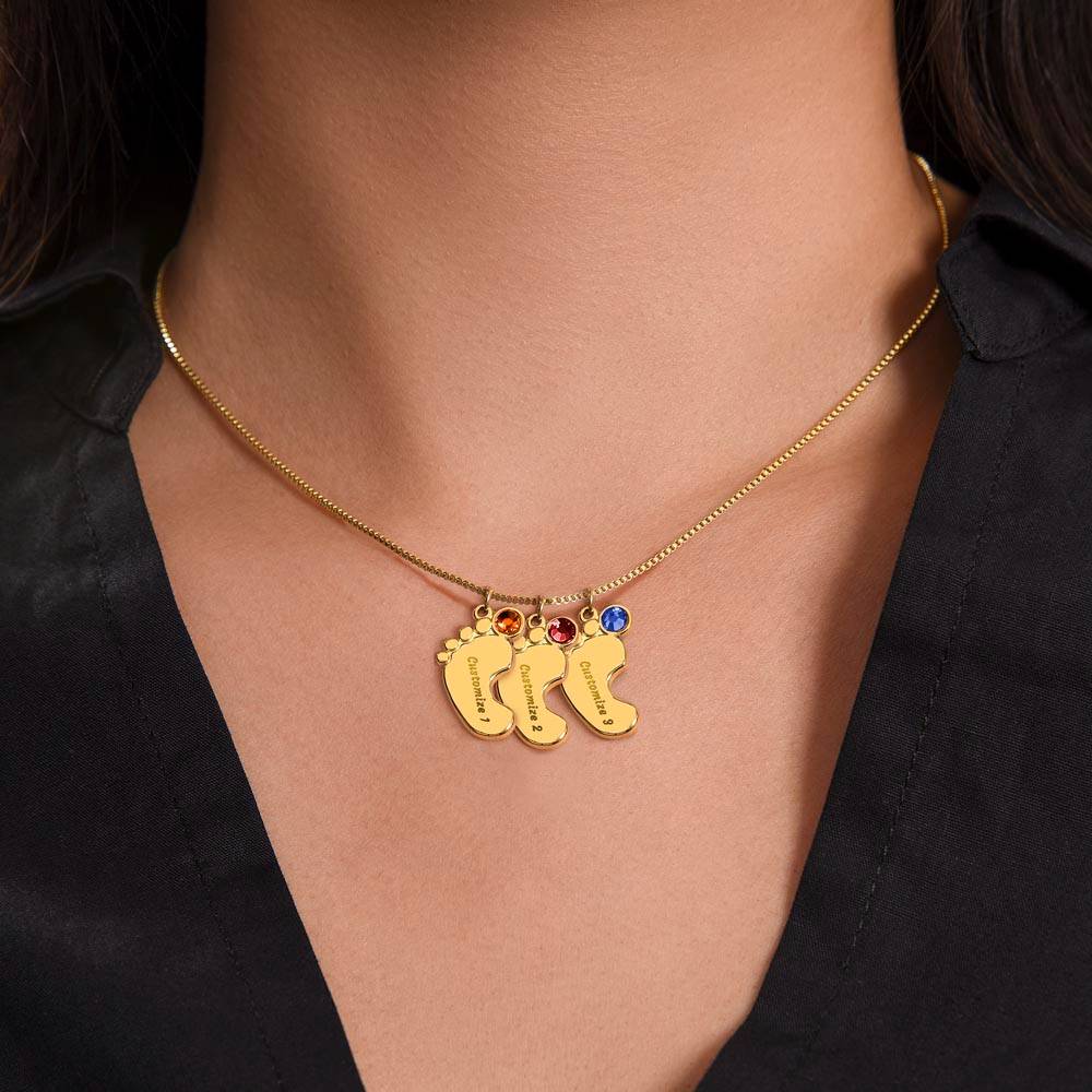 Engraved Baby Feet Necklace with Birthstones - Image 10