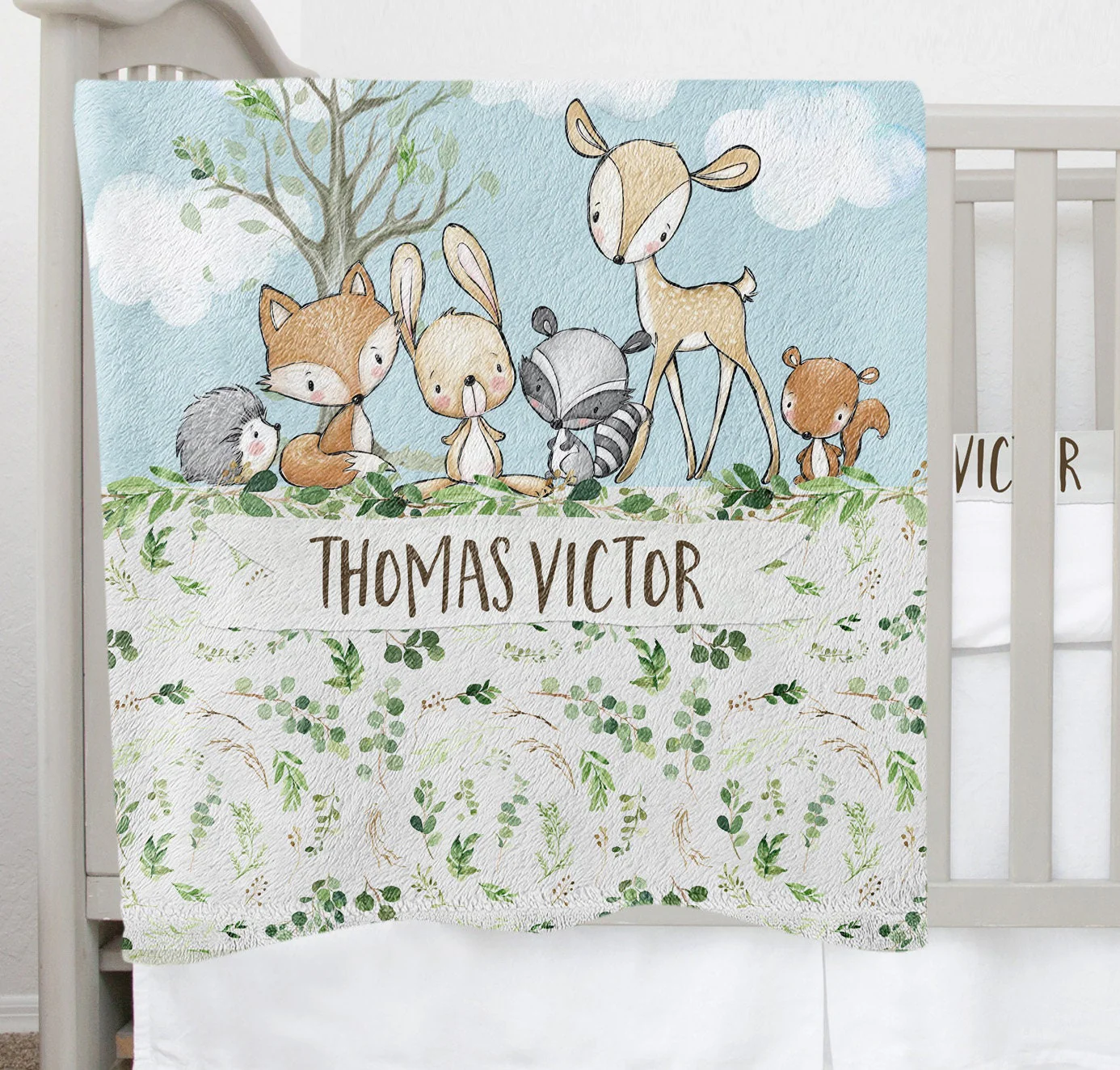 Greenery with Deer and Friends Personalized Blanket For Boy