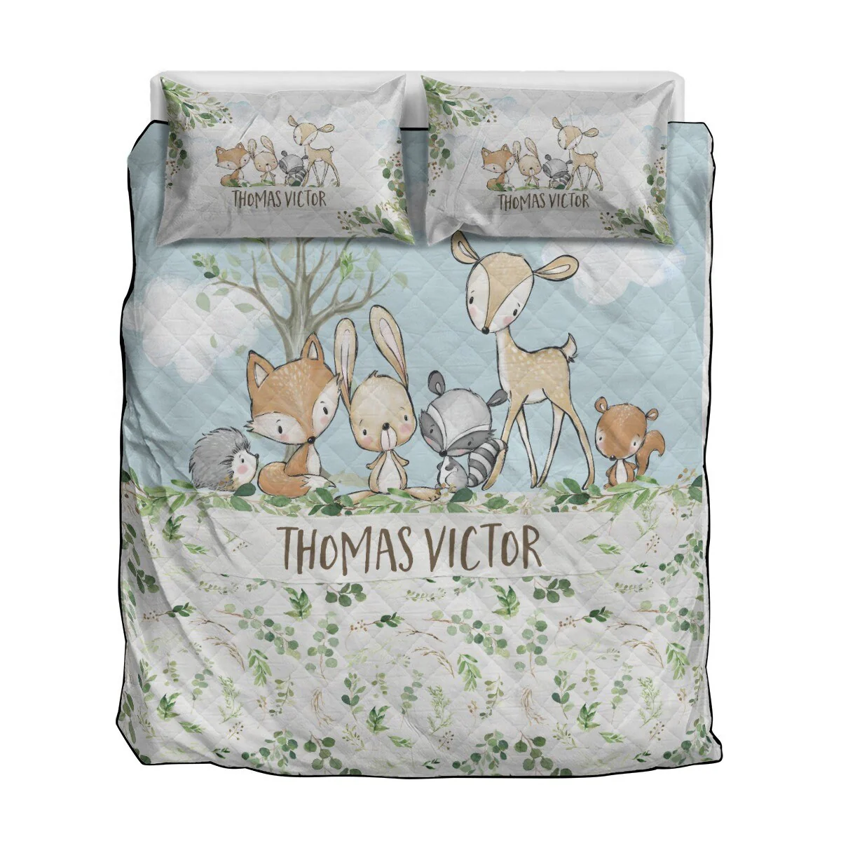 Greenery with Deer and Friends Personalized Quilted Bedspread Set - Image 4