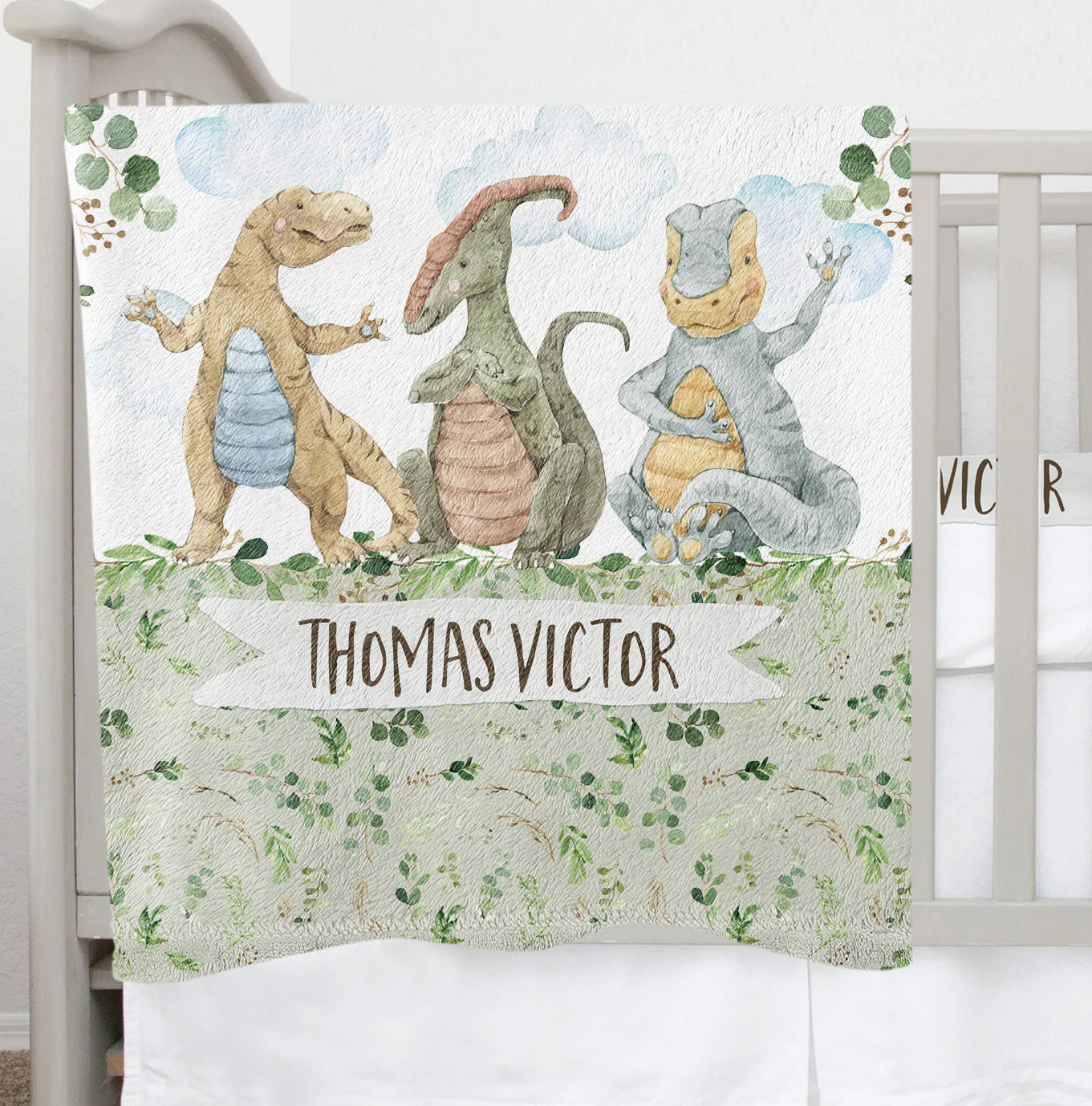 Greenery with Dinosaurus Personalized Blanket For Boy
