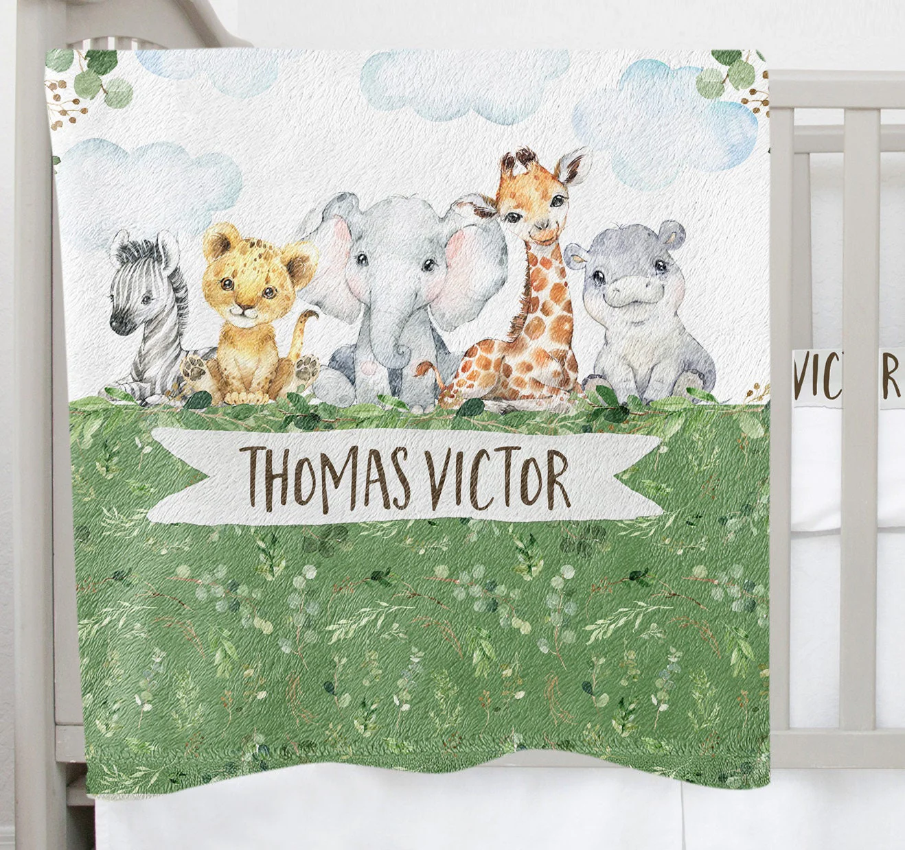 Greenery with Safari Animals Personalized Blanket For Boy
