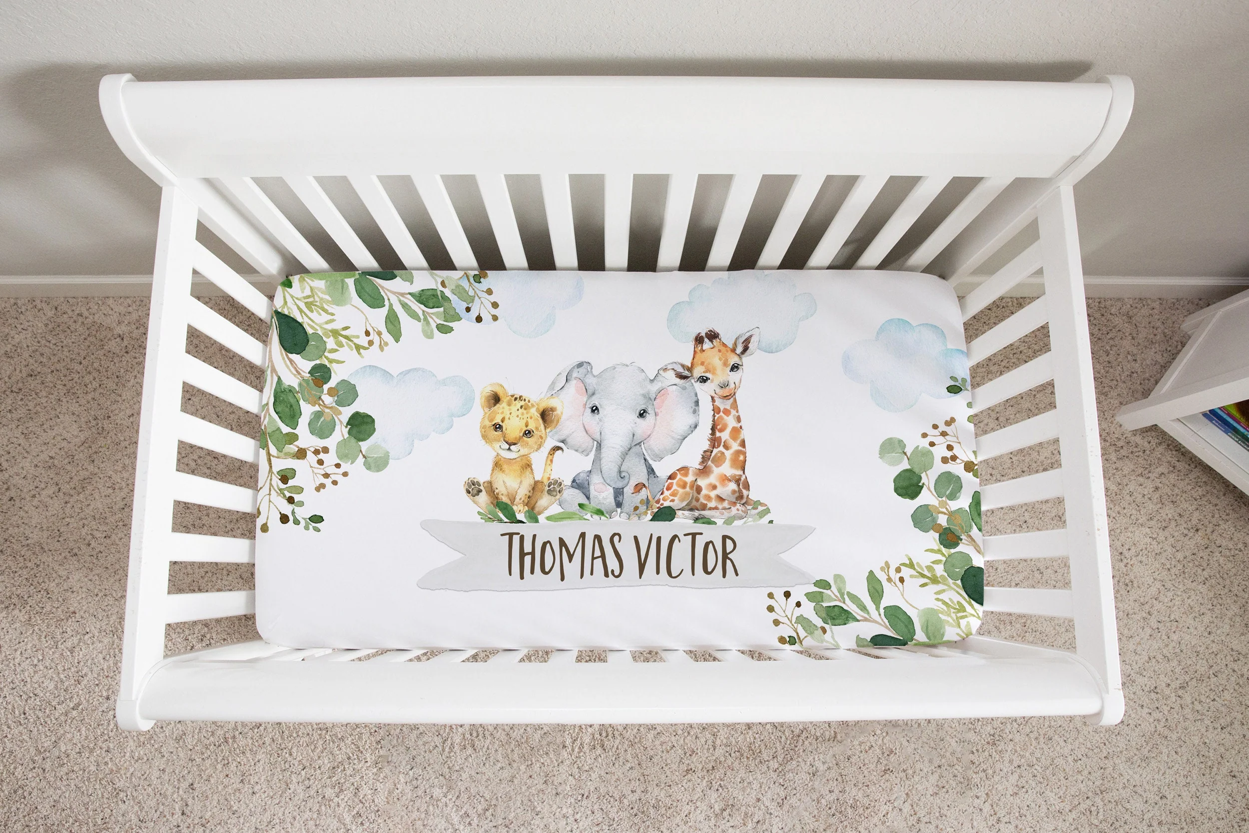 Greenery with Safari Animals Personalized Crib Sheet for Boy