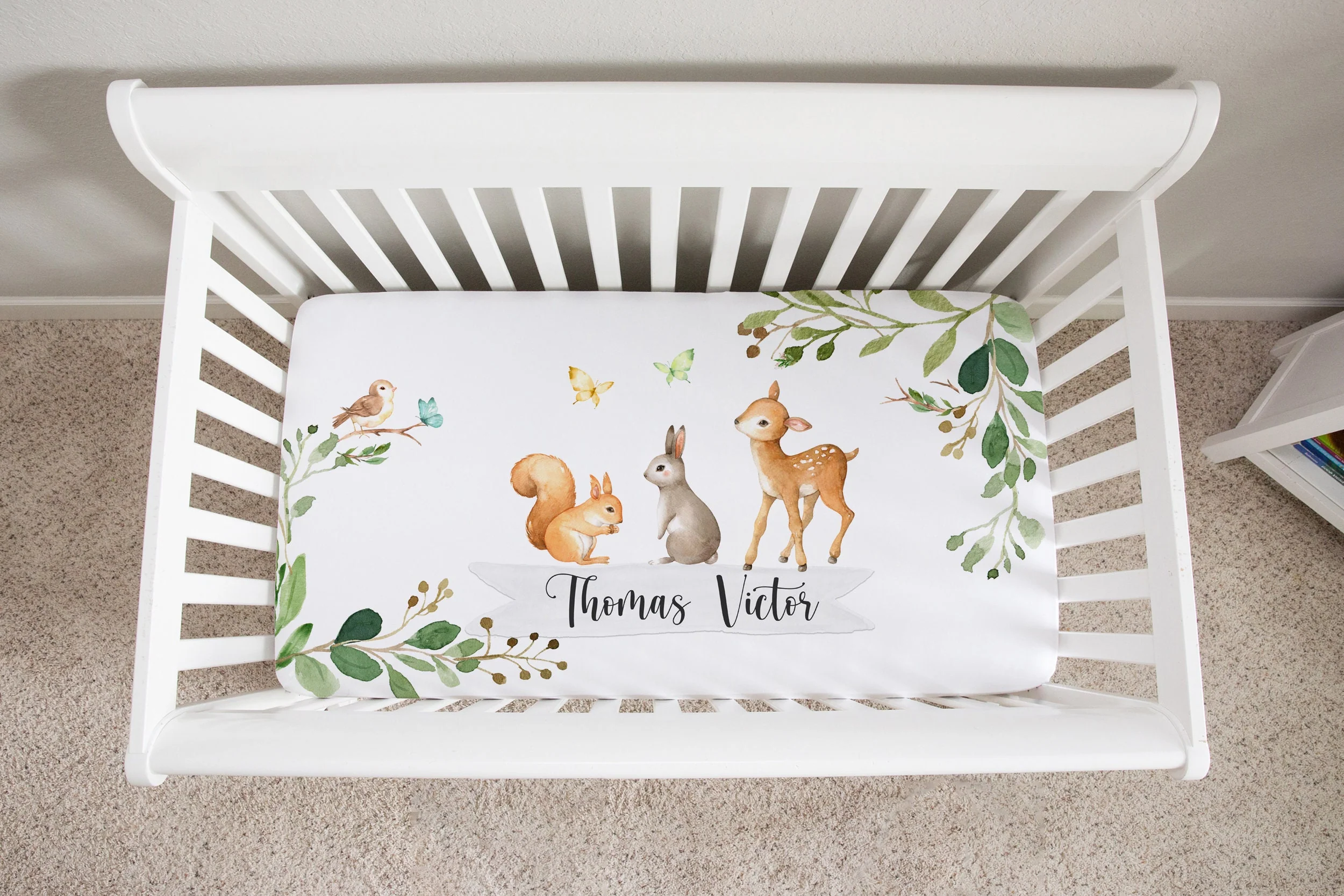 Greenery with Woodland Animals Personalized Crib Sheet for Boy