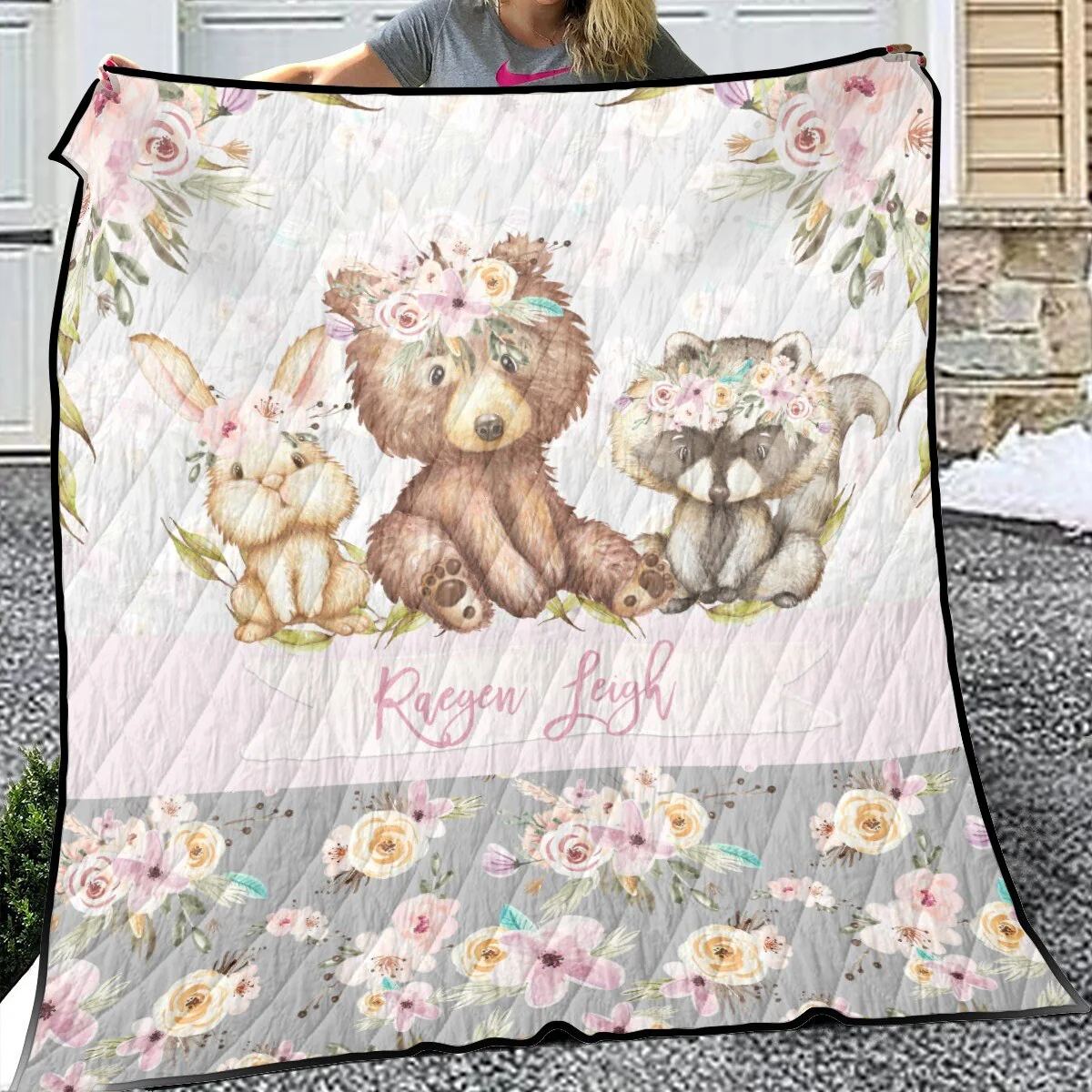 Grey Flowers with Bear Personalized Quilted Bedspread Set - Image 3