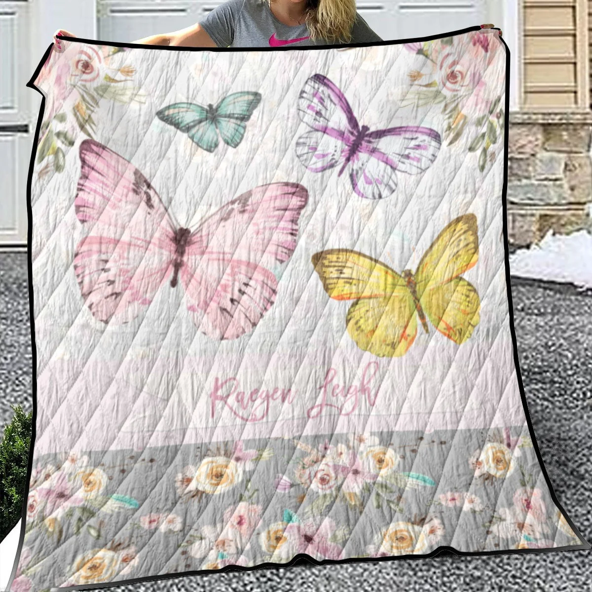 Grey Flowers with Butterflies Personalized Quilted Bedspread Set - Image 3