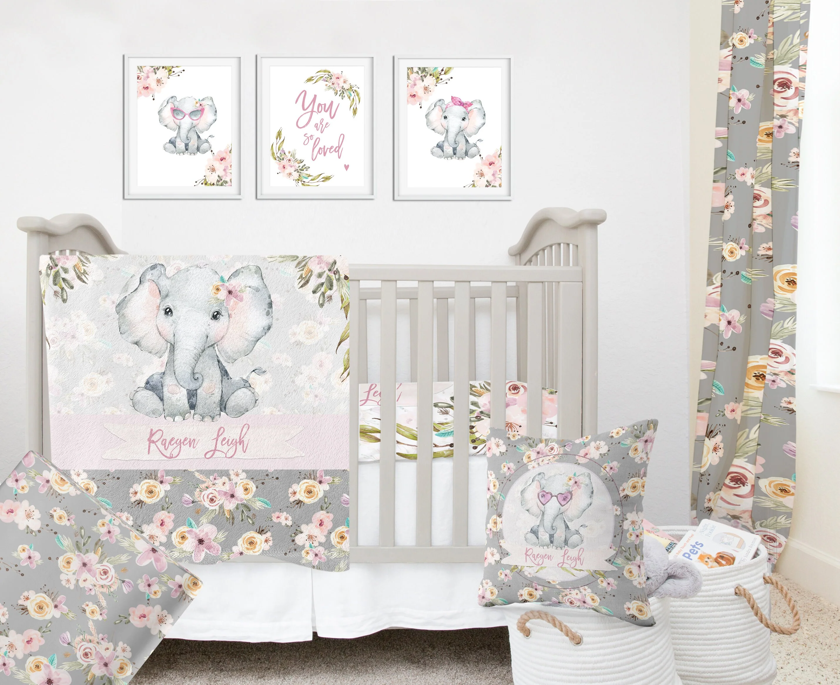 Grey Flowers with Elephant Personalized Blanket for Girl - Image 2