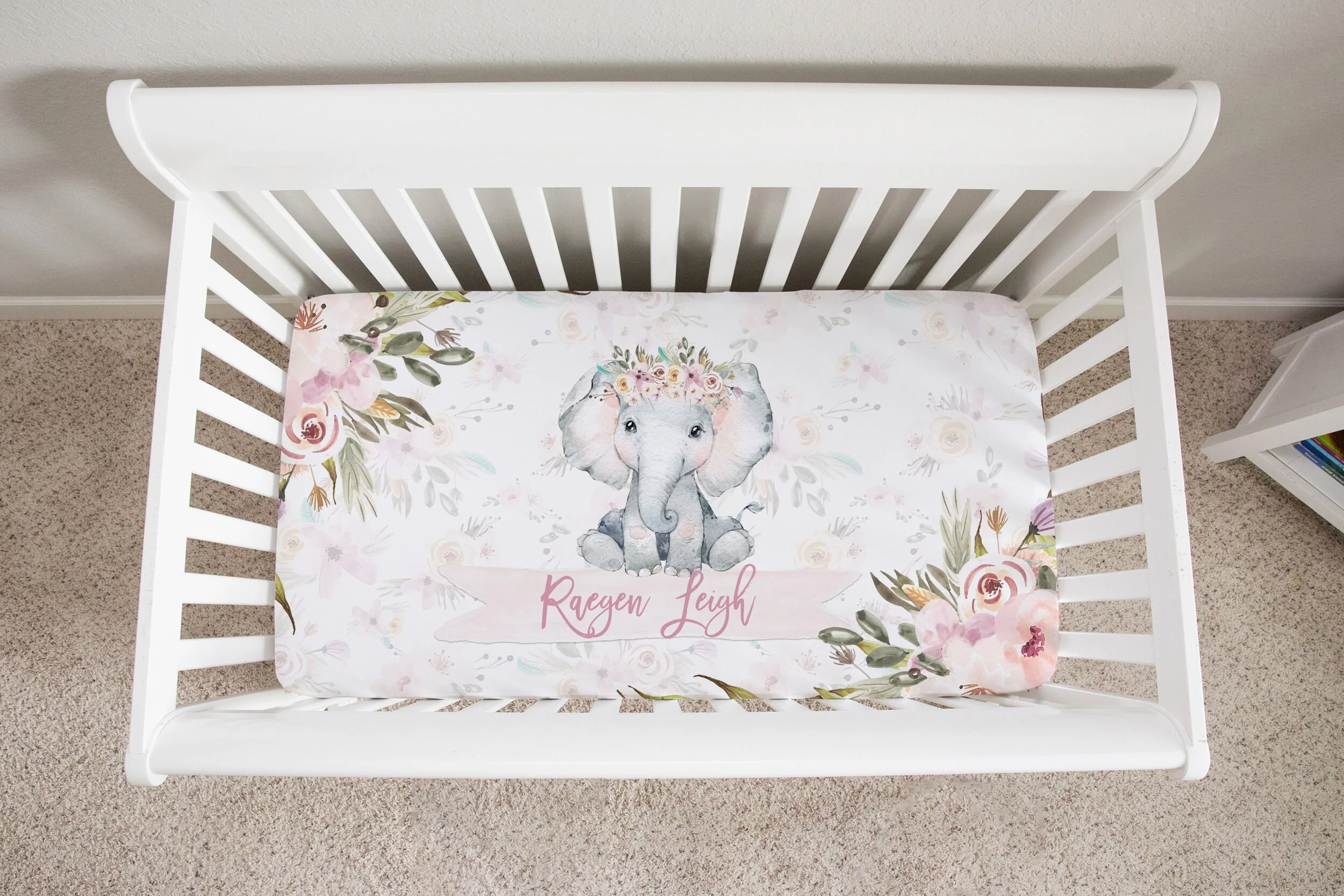 Grey Flowers with Elephant Personalized Crib Sheet for Girl