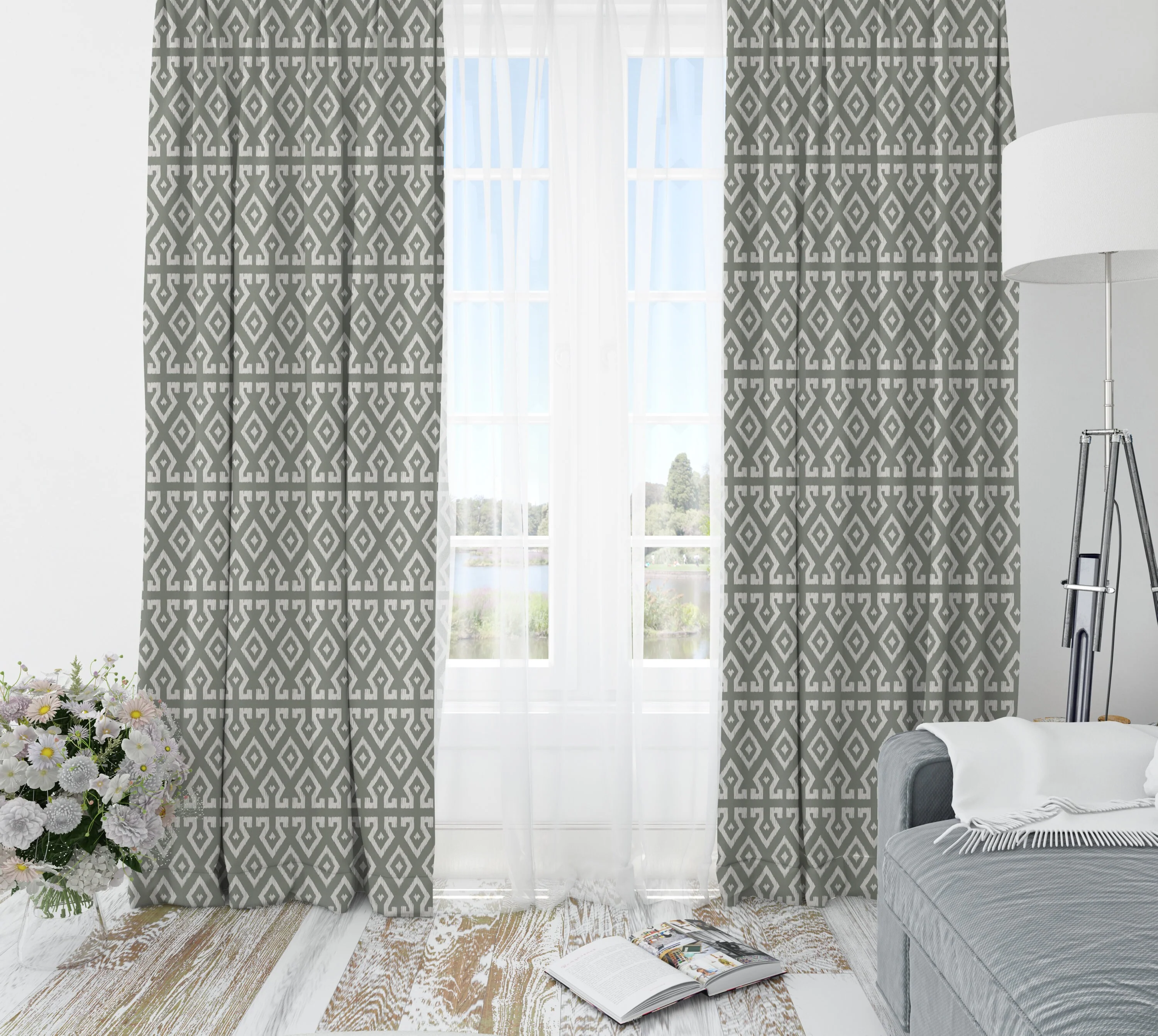 Grey Patterned Blackout Curtains - Image 2