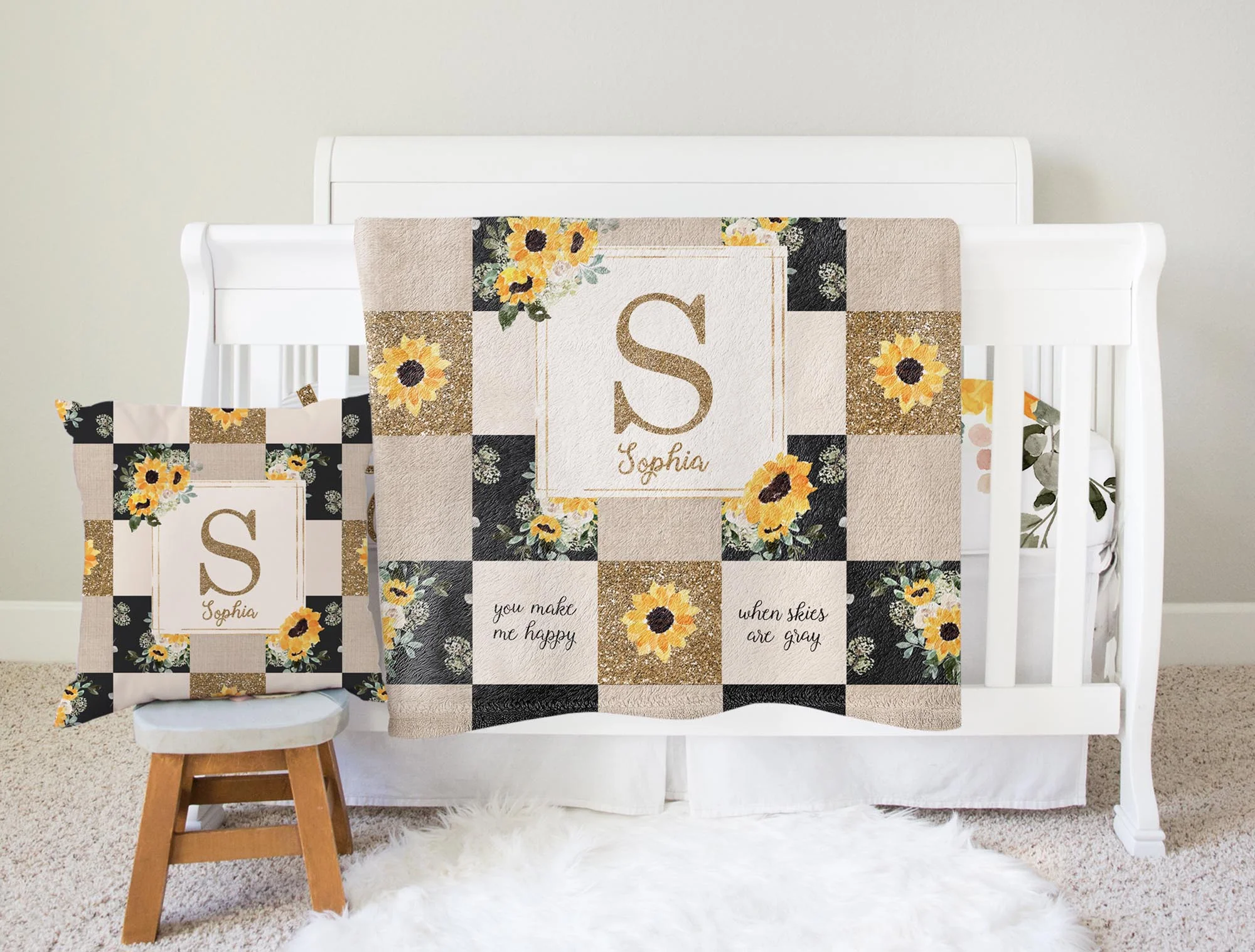 Hello Sunshine Sunflower Monogrammed Quilt Inspired Pillow for Girl - Image 3