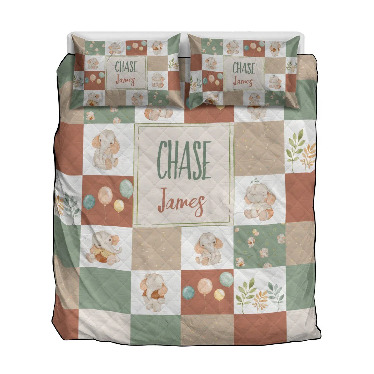 Neutral Elephants Personalized Quilted Bedspread Set - Image 4