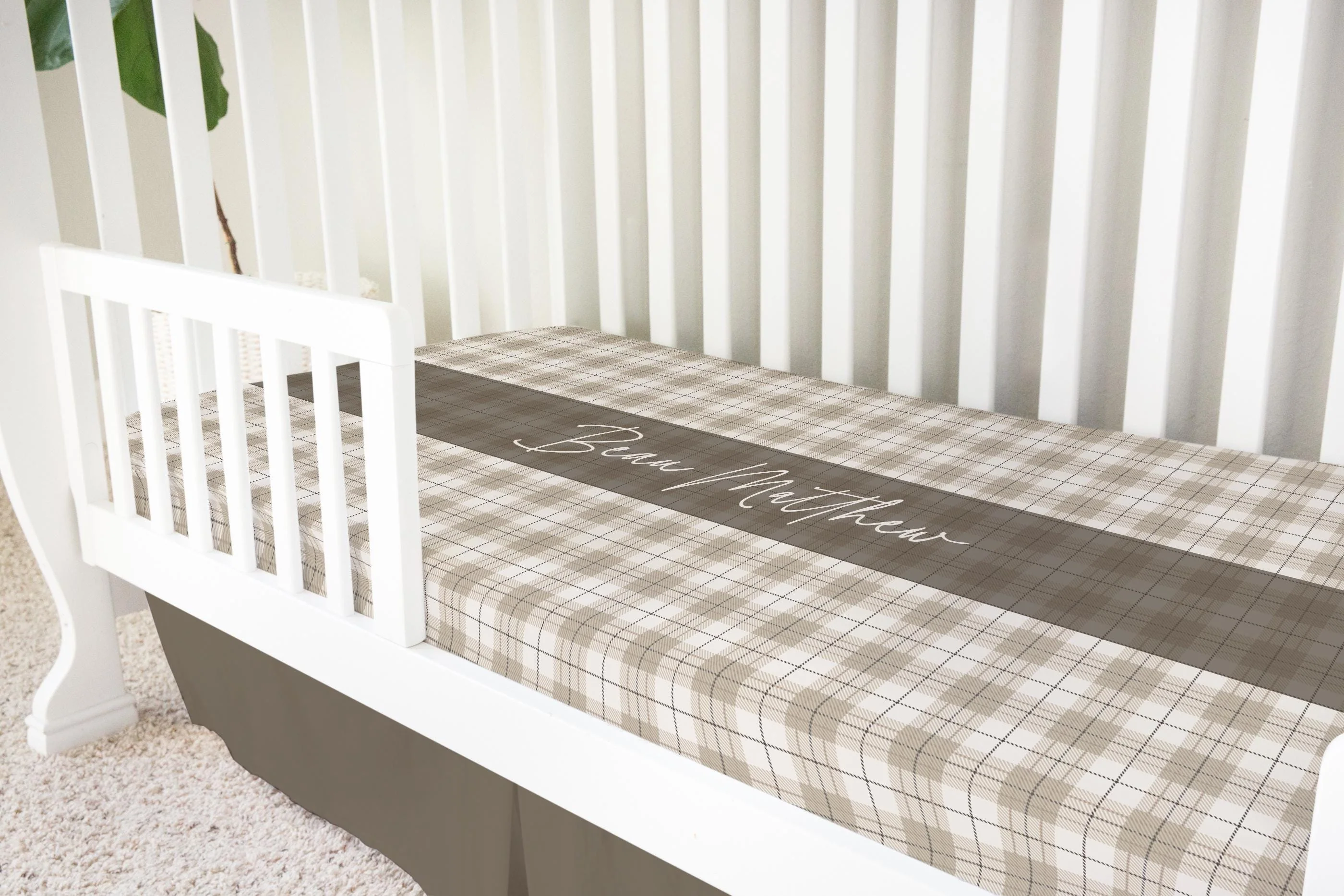Neutral Plaid Personalized Crib Sheet for Boy - Image 3
