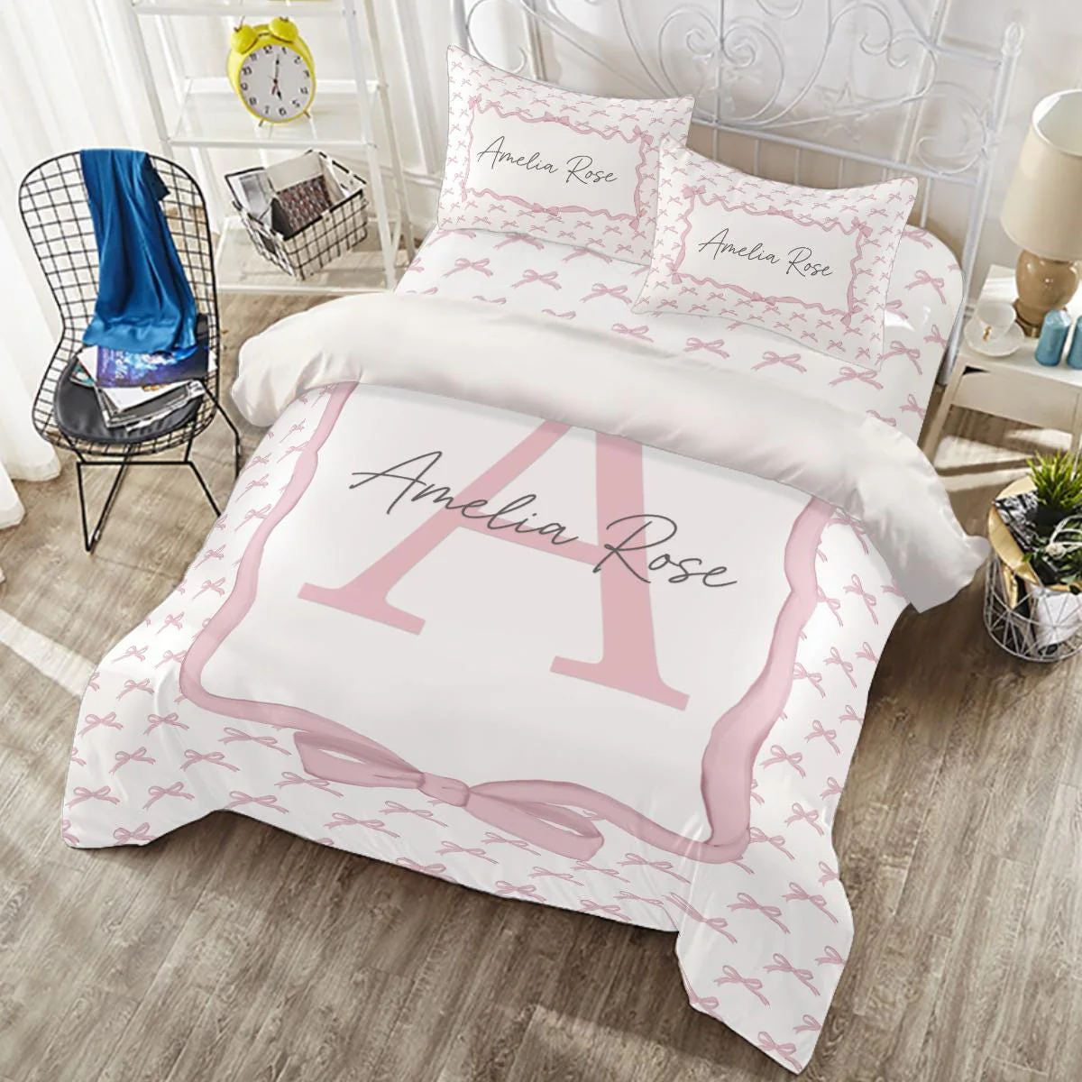 Pink Bows Personalized Duvet Cover Set for Girl