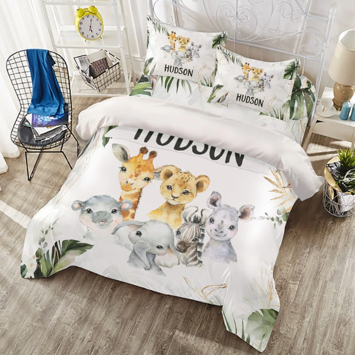 Tropical with Safari Animals Personalized Duvet Cover Set for Girl or Boy